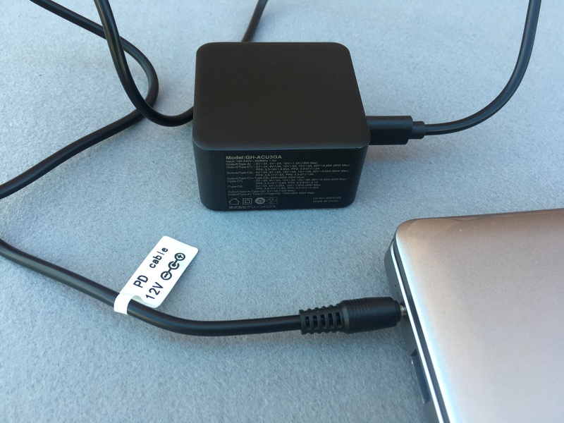 GH-ACU3GA、PD65W対応充電器+PDトリガーケーブル 12V 3A（1m）で接続